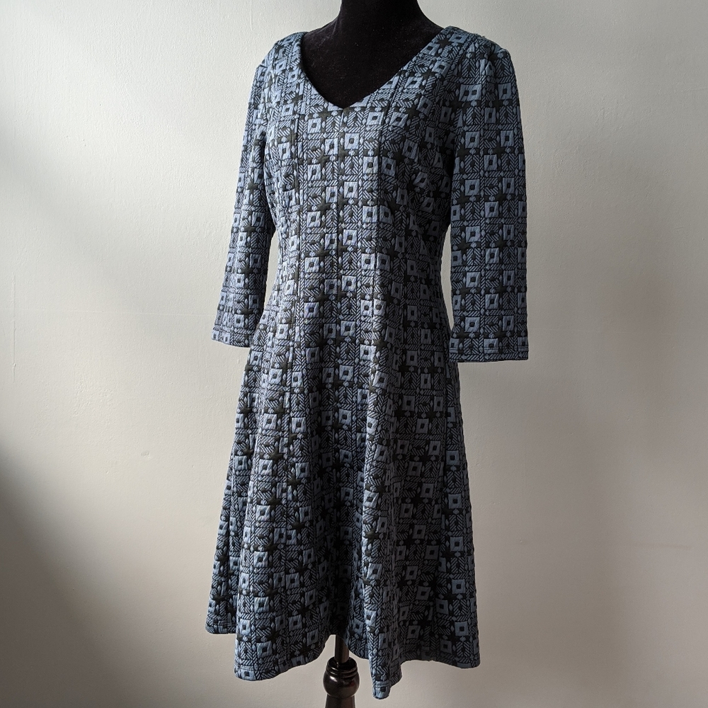 V Neck Blue Patterned Dress